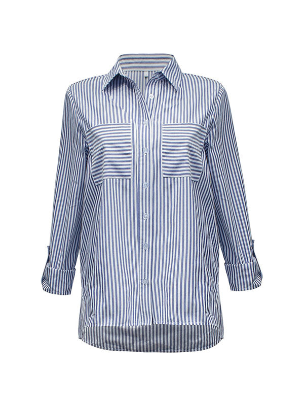 Buttoned Pockets Split-Joint Split-Side Striped High-Low Long Sleeves Lapel Blouses&Shirts Tops