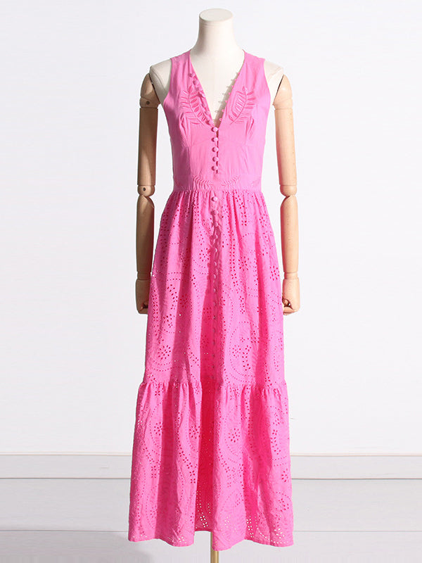 Buttoned Crochet Embroidered Hollow Solid Color Zipper High Waisted Sleeveless Deep V-Neck Maxi Dresses