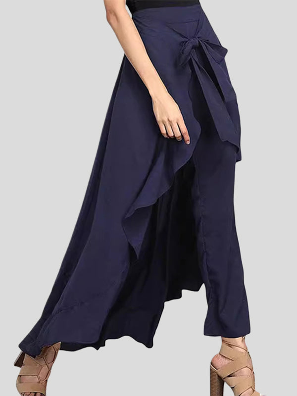 Ruffle Trim Solid Color Split-Joint Tied Waist Zipper Loose Culotte