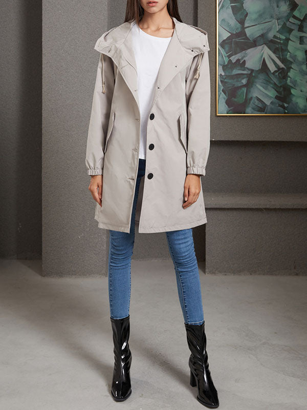 Buttoned Drawstring Elasticity Hooded Pockets Split-Back Waterproof Long Sleeves Loose High-Neck Trench Coats