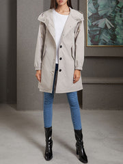 Buttoned Drawstring Elasticity Hooded Pockets Split-Back Waterproof Long Sleeves Loose High-Neck Trench Coats