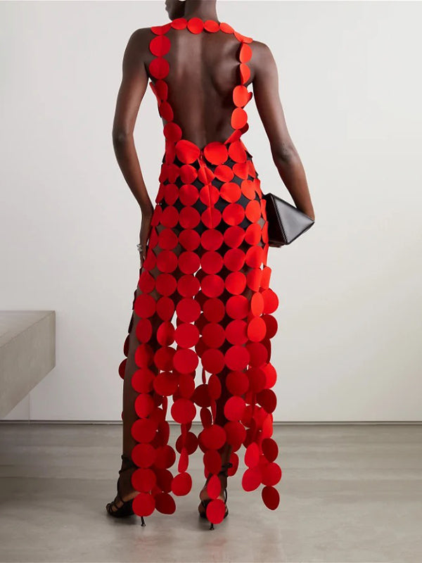Backless Hollow Polka-Dot Solid Color Split-Joint Loose Sleeveless Round-neck Maxi Dresses