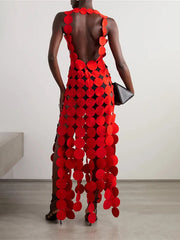 Backless Hollow Polka-Dot Solid Color Split-Joint Loose Sleeveless Round-neck Maxi Dresses
