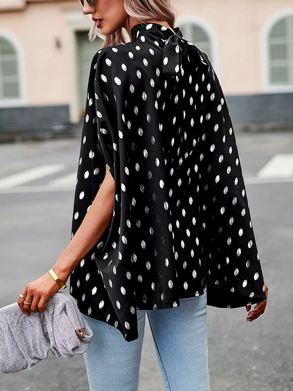 Bandage Polka Dot Loose Round-Neck Blouses&Shirts Tops