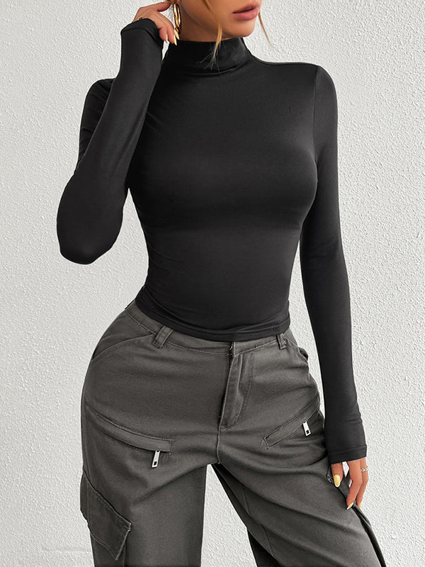 Solid Color Long Sleeves Skinny High Neck T-Shirts Tops