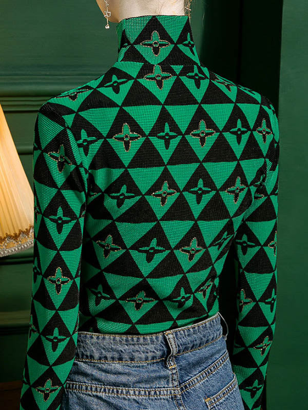 Bronzing Contrast Color Long Sleeves Skinny High Neck T-Shirts Tops