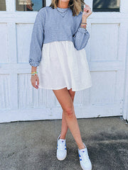 Split-Joint Striped High Waisted Long Sleeves Round-Neck Mini Dresses