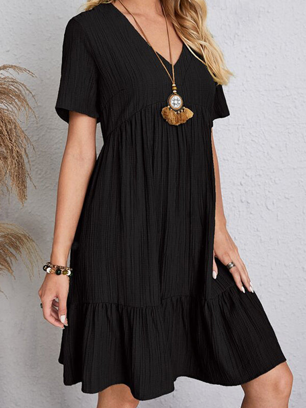 Pleated Solid Color Split-Joint A-line Loose V-neck Mini Dresses