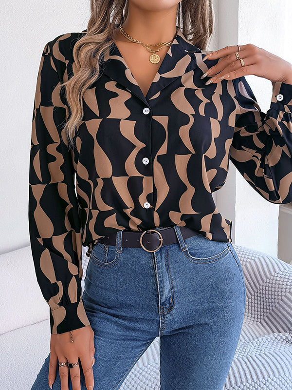 Buttoned Contrast Color Long Sleeves Notched Collar Blouses&Shirts Tops