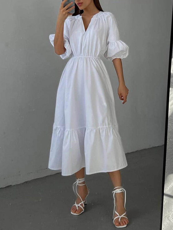Elasticity Pleated Solid Color A-Line Half Sleeves V-Neck Midi Dresses