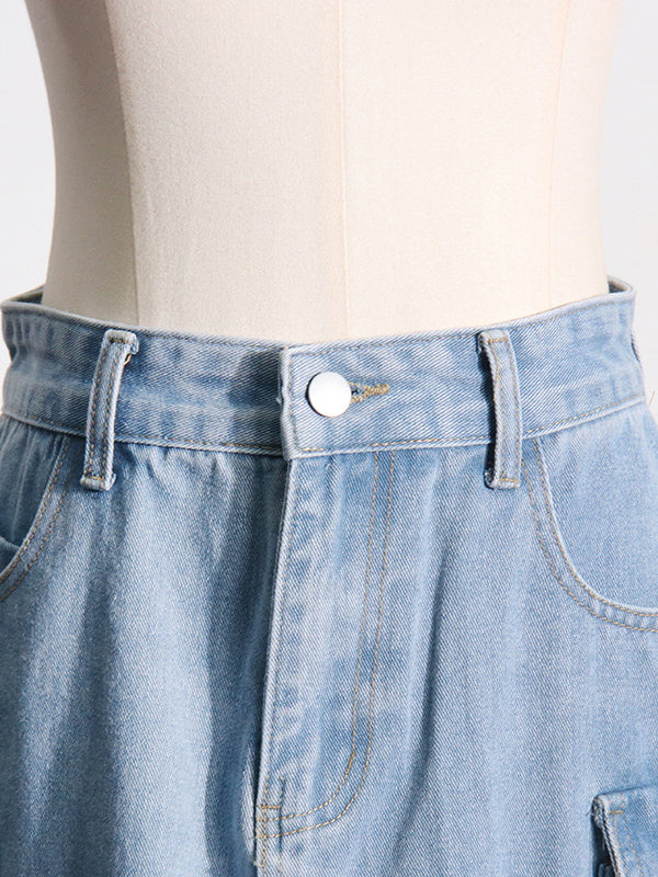 Buckle Split-back Split-Joint Streamer Zipper High Waisted Loose Skirts