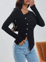 Asymmetric Buttoned Pleated Long Sleeves Skinny Asymmetric Collar T-Shirts Tops