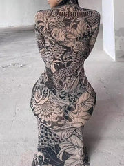 Printed See-Through Split-Joint Long Sleeves Skinny High Neck Maxi Dresses Evening Dresses