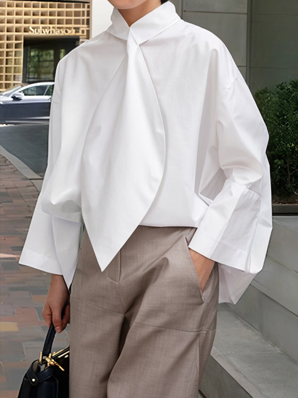 Solid Color Tied Long Sleeves Loose Stand Collar Blouses&Shirts Tops