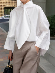Solid Color Tied Long Sleeves Loose Stand Collar Blouses&Shirts Tops