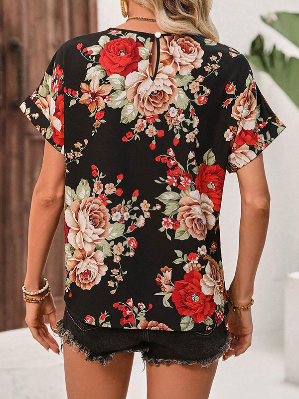 Flower Print Hollow Split-Joint Loose Short Sleeves Round-Neck Blouses&Shirts Tops