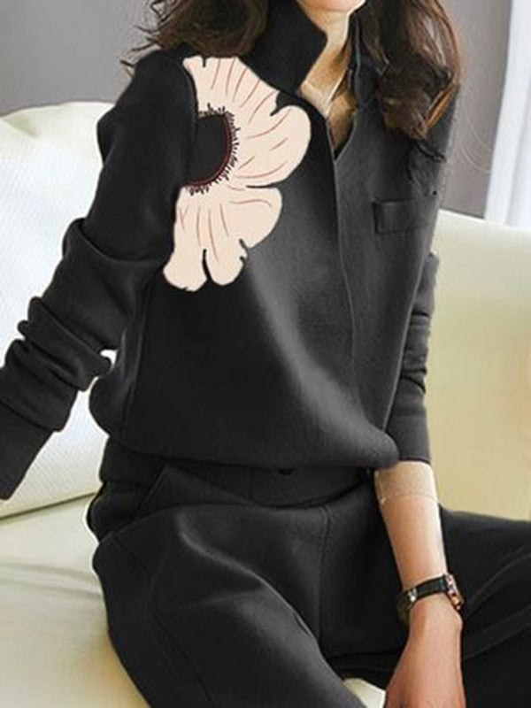 Asymmetric Floral Printed Split-Joint Long Sleeves Loose Lapel Cardigan Tops