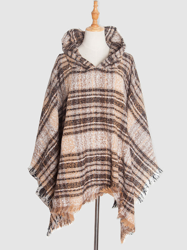 Fringed Hooded Keep Warm Plaid Shawl&Cloak Cape