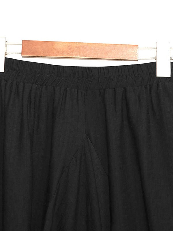 Loose Solid Color Round-Neck Short Sleeves  Tops+ Elasticity Pleated Cropped Pants Two Pieces Set