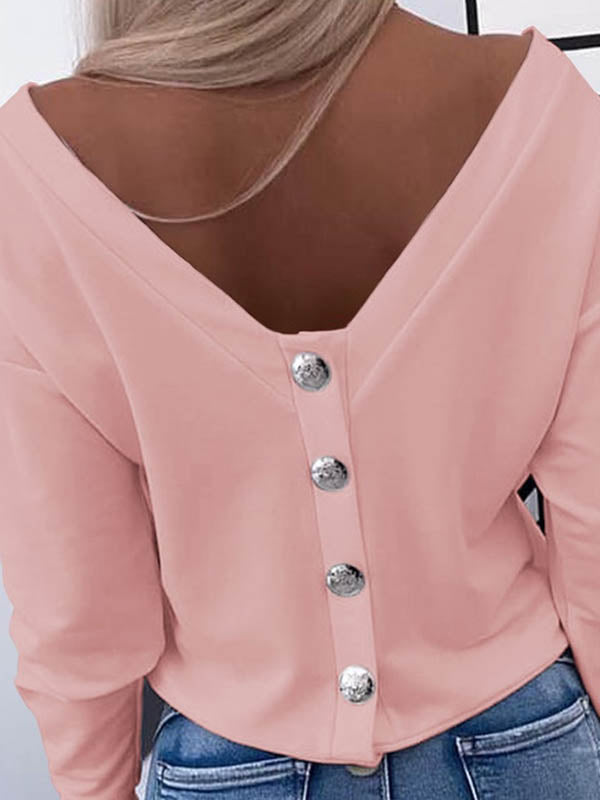 Buttoned Solid Color Long Sleeves Loose Round-Neck T-Shirts Tops