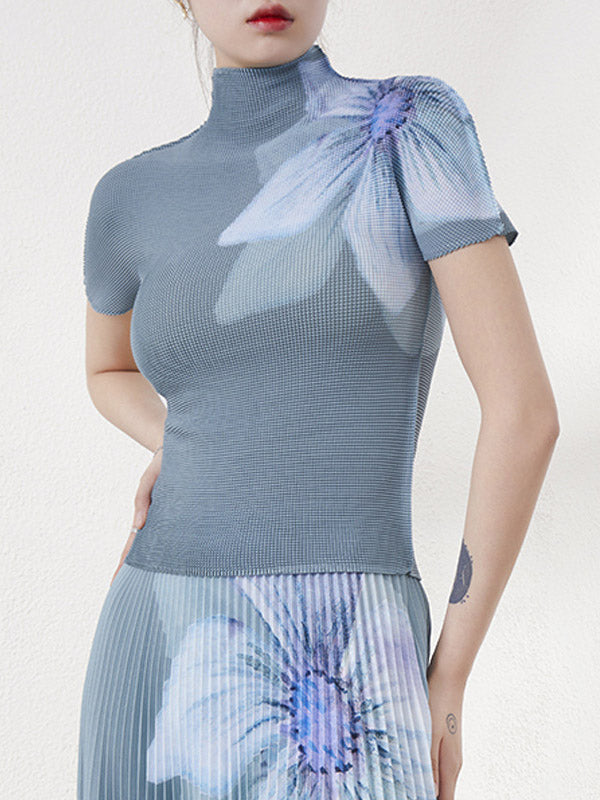 Flower Print Pleated Short Sleeves Mock Neck T-Shirts Tops