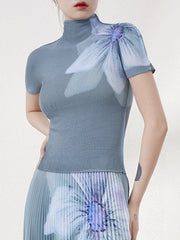Flower Print Pleated Short Sleeves Mock Neck T-Shirts Tops