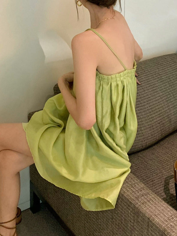 Pleated Solid Color Loose Sleeveless Spaghetti-Neck Slip Dress Mini Dresses