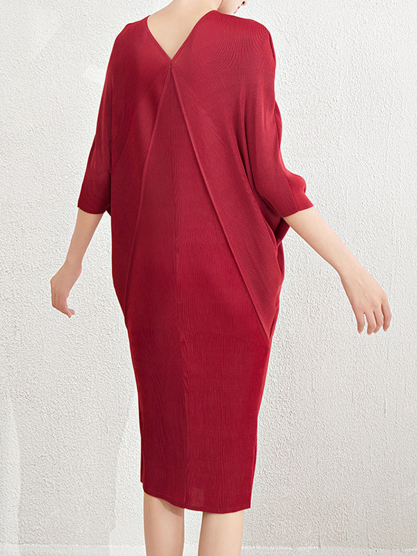 Pleated Solid Color Batwing Sleeves Loose V-Neck Midi Dresses