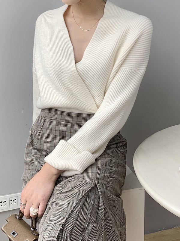 Asymmetric Solid Color Long Sleeves V-Neck Sweater Pullovers Knitwear