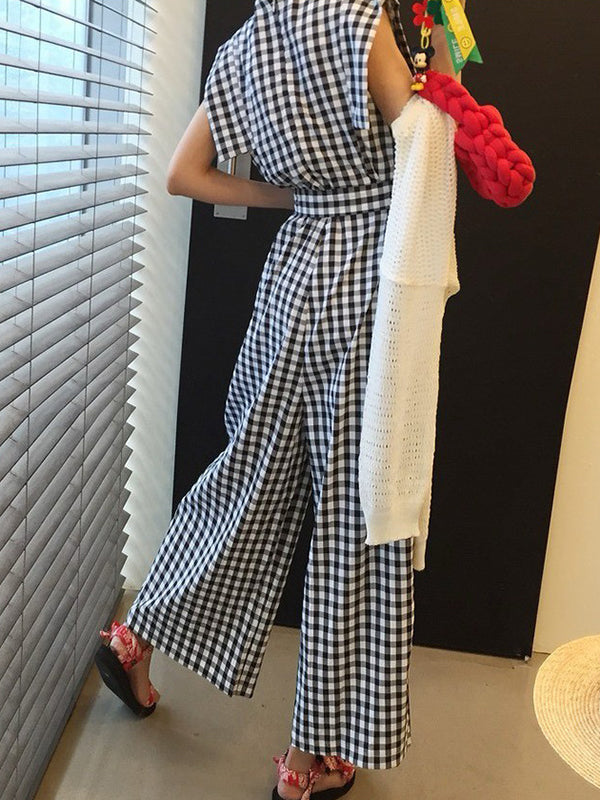 Plaid Pockets Tied Waist High Waisted Loose Round-neck Jumpsuits