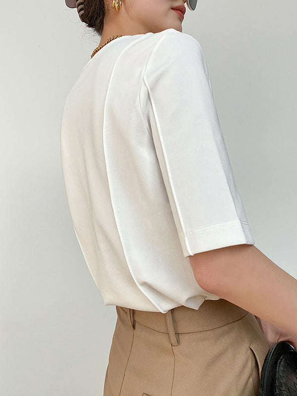 Solid Color Split-Joint Half Sleeves Round-neck T-Shirts Tops