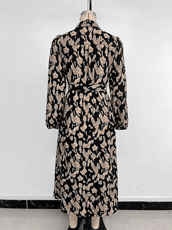 Printed Split-Joint Tied Waist Long Sleeves Loose Lapel Shirt Dress Midi Dresses