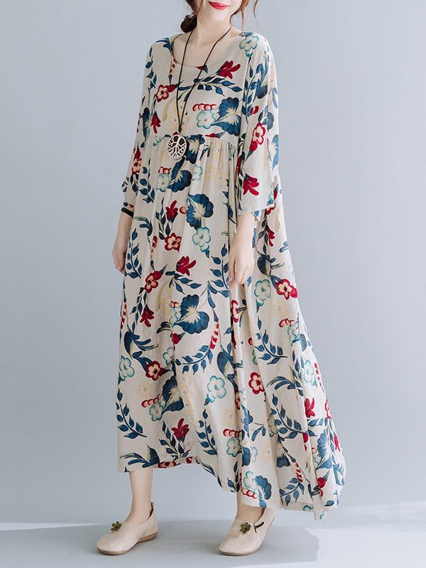 Casual Floral Printed Split-Joint Round-Neck Flared Batwing Sleeves Loose Maxi Dress