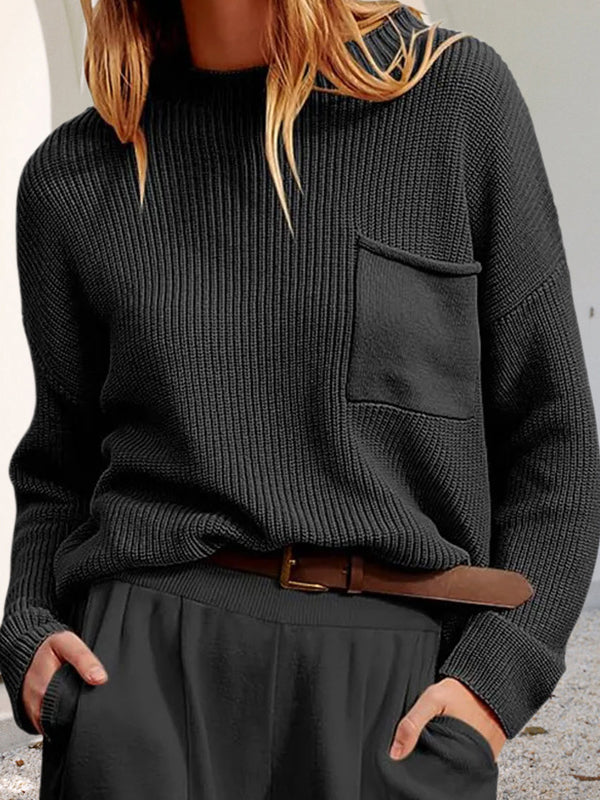 Pockets Solid Color Long Sleeves Loose Round-Neck Sweater Tops Pullovers Knitwear
