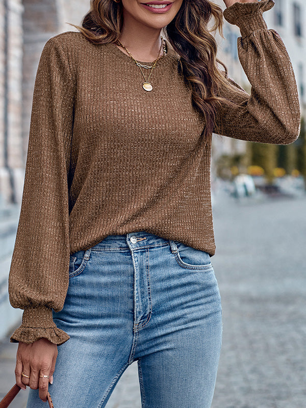 Elasticity Ruffled Solid Color Long Sleeves Loose Round-Neck T-Shirts Tops