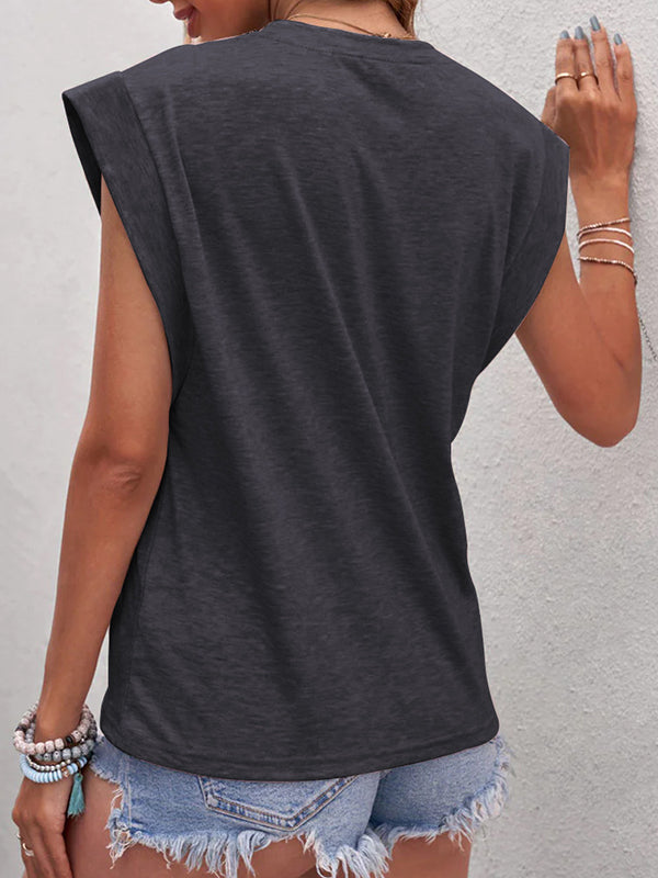 Solid Color Split-Joint Loose Sleeveless Round-Neck Vest Top