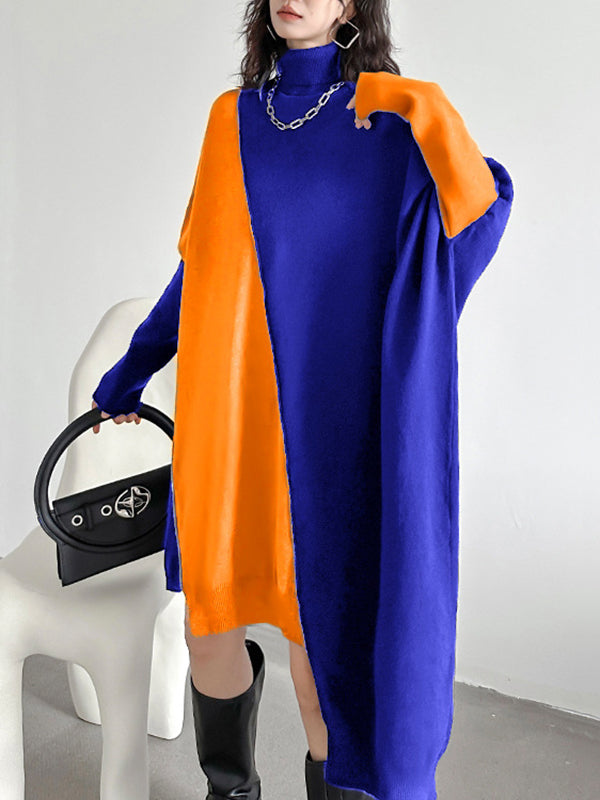 Asymmetric Contrast Color Split-Joint Batwing Sleeves Hipster High-neck Sweater Dresses Midi Dresses