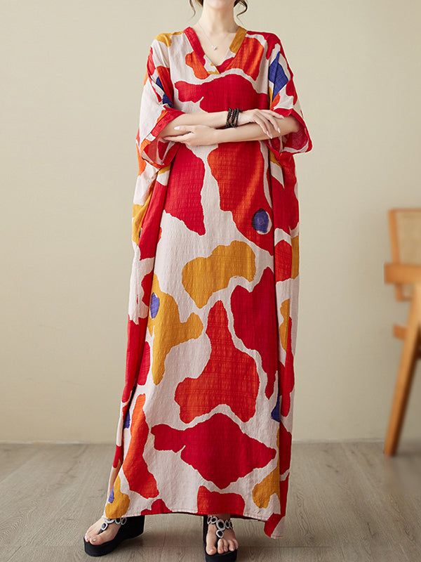 Color-Block Contrast Color Batwing Sleeves Loose Round-Neck Maxi Dresses