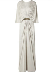 Belted Pleated Solid Color Loose Round-neck Maxi Dresses