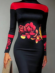 Flower Print Bodycon Long Sleeves High Neck Midi Dresses