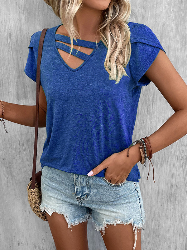 Solid Color Loose Short Sleeves V-neck T-Shirts Tops