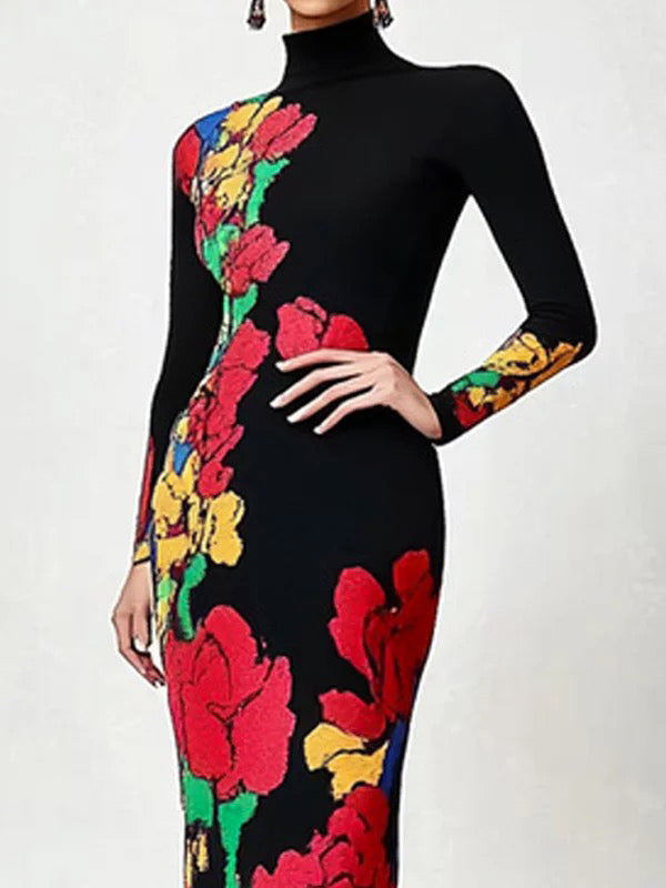 Flower Print Multi-Colored Skinny High Neck Maxi Dresses