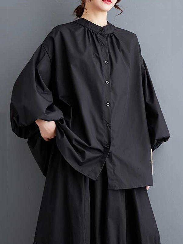 Buttoned Hollow Pleated Solid Color Loose Nine-Minute Sleeve Round-Neck Blouses&Shirts Tops