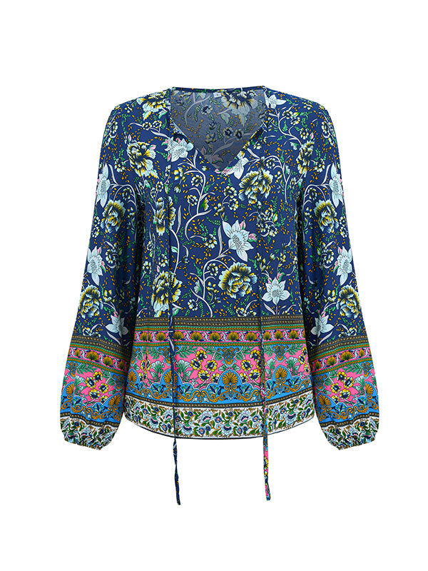 Elasticity Flower Print Tied Long Sleeves Loose V-Neck Blouses&Shirts Tops