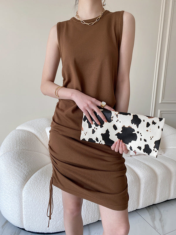 Drawstring Solid Color Loose Sleeveless Round-Neck Mini Dresses