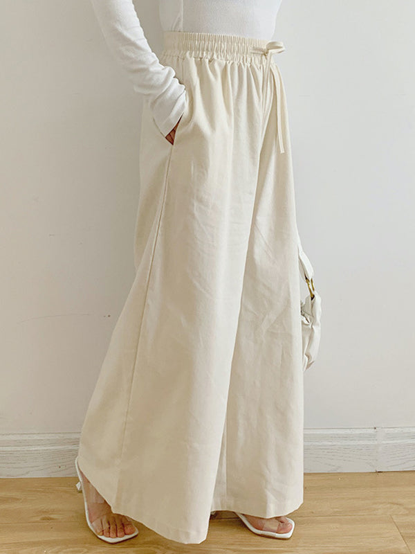 Drawstring Elasticity Pockets Solid Color High Waisted Loose Trousers Pants