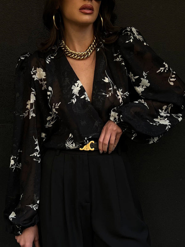 Gauze Jacquard Lace-Up Pleated See-Through Loose Puff Sleeves V-Neck Blouses&Shirts Tops
