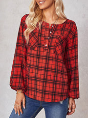 Buttoned Elasticity Plaid Pockets Long Sleeves Loose Round-Neck Blouses&Shirts Tops