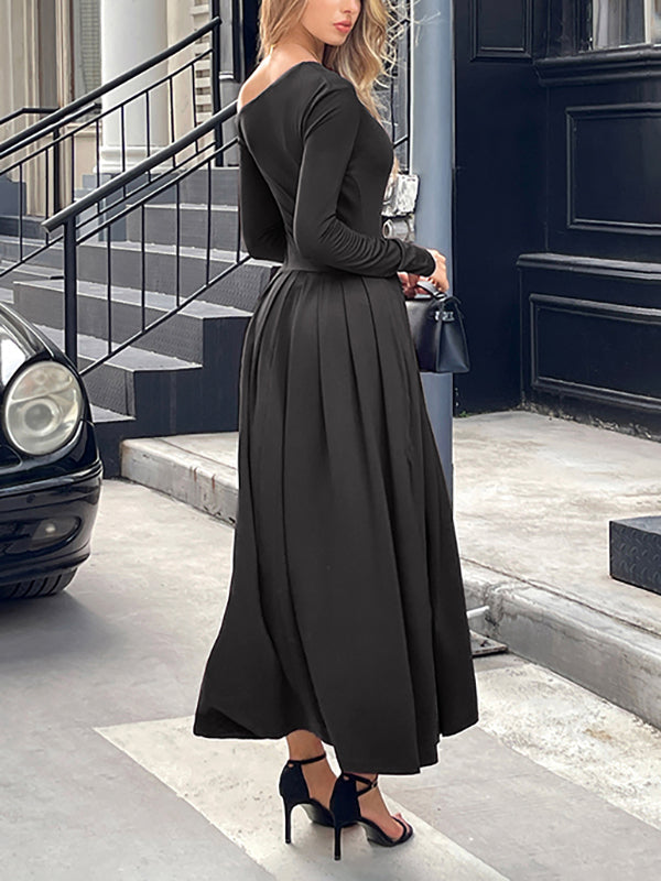 Pleated Solid Color Split-Front High Waisted Long Sleeves One-Shoulder Maxi Dresses