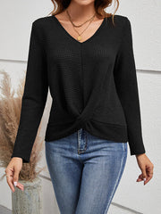 Hollow Knot Solid Color Split-Joint Long Sleeves Loose V-Neck T-Shirts Tops